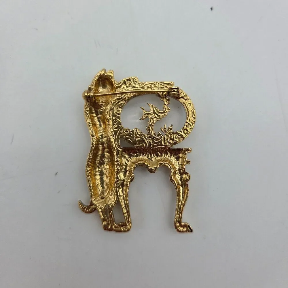 Vintage 1928 Jewelry Cat Fishbowl Jelly Belly Brooch Pin Gold Tone NOS On Card